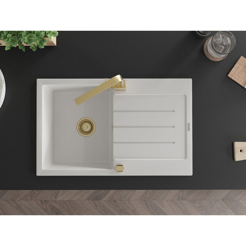 Mexen Bruno jednokomorový granitový dřez s odkapávačem a kuchyňskou baterií Rita, bílý - 6513-20-670300-50