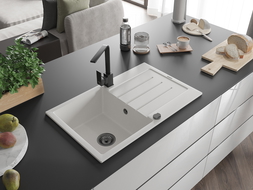 Mexen Bruno granitový dřez 1-komorový s odkapávačem a kuchyňskou baterií Rita, bílý - 6513-20-670300-70