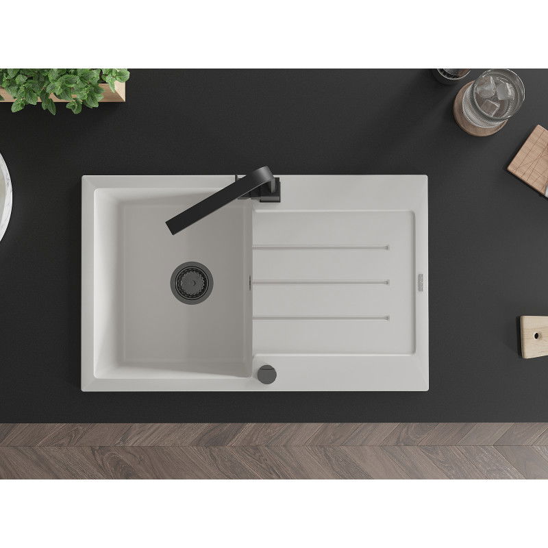 Mexen Bruno granitový dřez 1-komorový s odkapávačem a kuchyňskou baterií Rita, bílý - 6513-20-670300-70