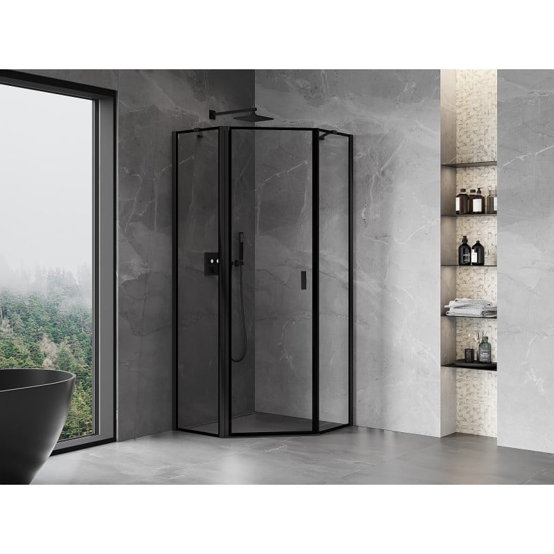 Mexen Mist pětiúhelníková sprchová stěna, otočná vlevo 90 x 90 cm, černý rám, černá - 8A8-090-090-70-70-L