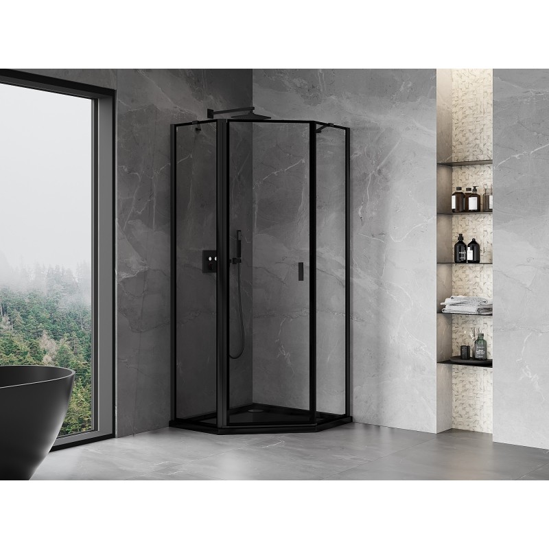 Mexen Mist pětiúhelníková sprchová stěna, otočná vlevo 90 x 90 cm, černý rám, černá - 8A8-090-090-70-70-L