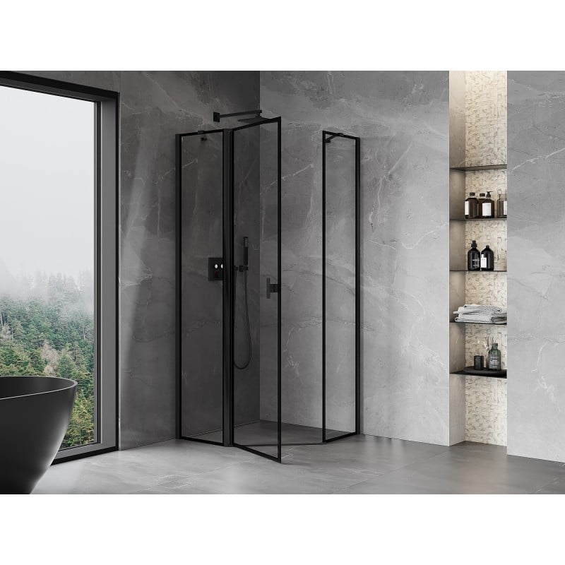 Mexen Mist pětiúhelníková sprchová stěna, otočná vlevo 90 x 90 cm, černý rám, černá - 8A8-090-090-70-70-L