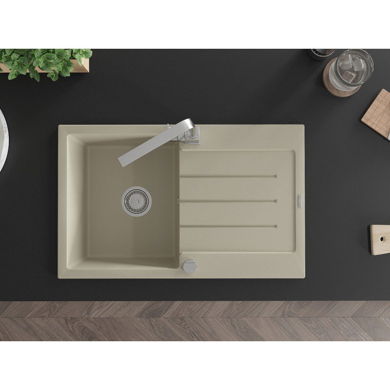 Mexen Bruno granitový dřez 1-komorový s odkapávačem a kuchyňskou baterií Rita, béžový - 6513-69-670300-00