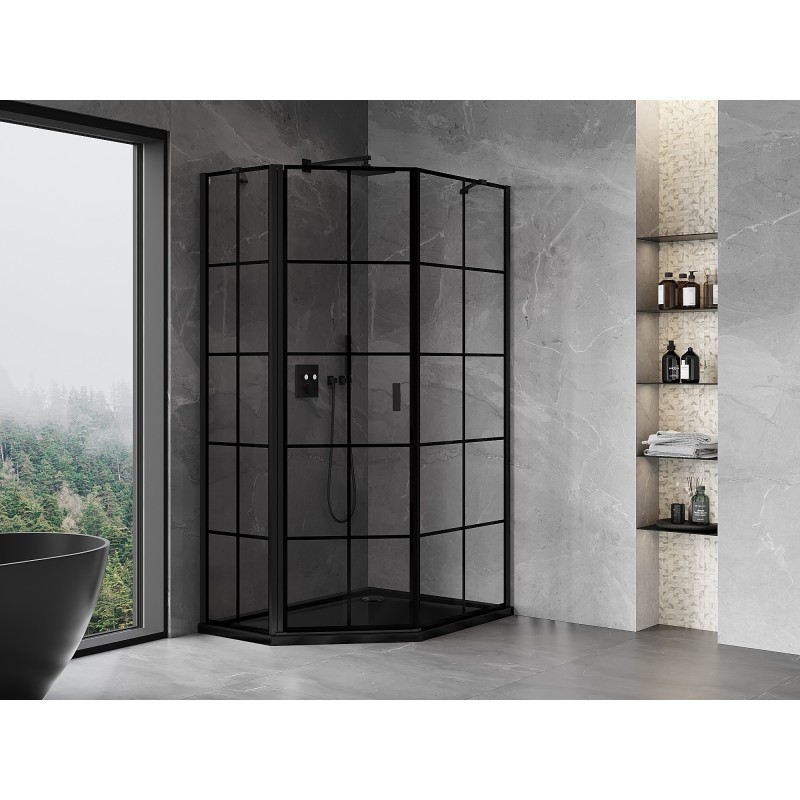 Mexen Mist asymetrická pětiúhelníková sprchová kabina s levým otevíráním 80 x 90 cm, černá mřížka, černá