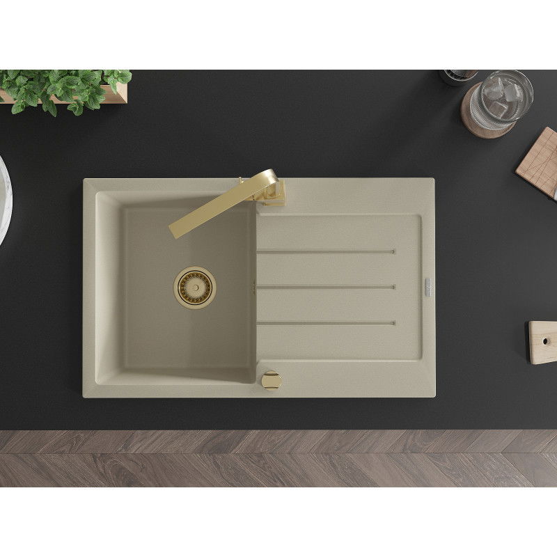 Mexen Bruno granitový kuchyňský dřez 1-komorový s odkapávačem a kuchyňskou baterií Rita, béžový - 6513-69-670300-50