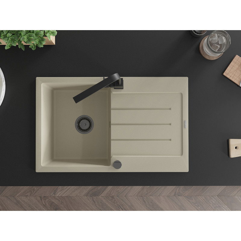 Mexen Bruno granitový dřez 1-komorový s odkapávačem a kuchyňskou baterií Rita, béžový - 6513-69-670300-70
