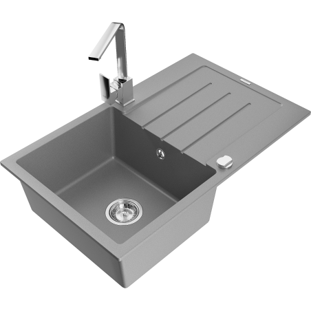 Mexen Bruno granitový dřez 1-komorový s odkapávačem a kuchyňskou baterií Rita, šedá - 6513-71-670300-00