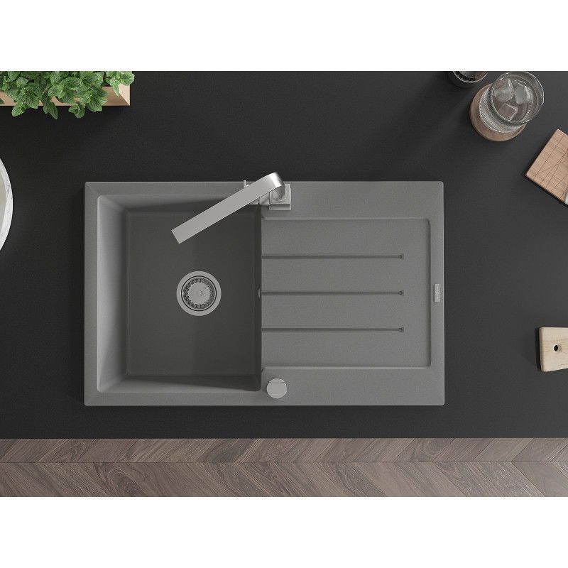 Mexen Bruno granitový dřez 1-komorový s odkapávačem a kuchyňskou baterií Rita, šedá - 6513-71-670300-00