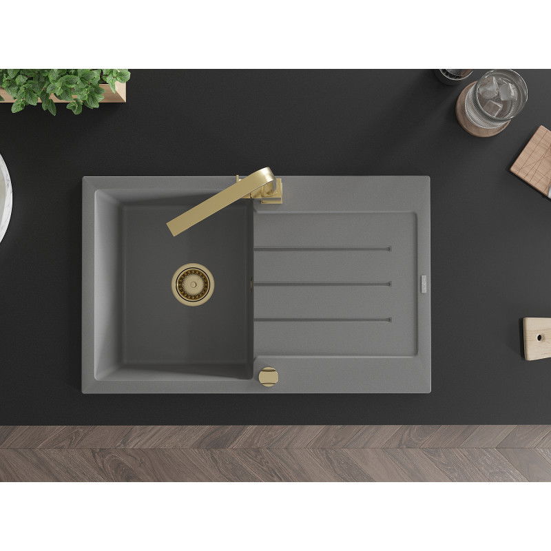 Mexen Bruno granitový dřez 1-komorový s odkapávačem a kuchyňskou baterií Rita, šedý - 6513-71-670300-50