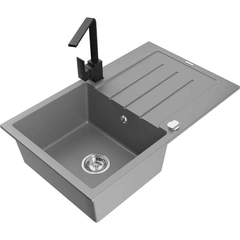 Mexen Bruno granitový dřez 1-komorový s odkapávačem a kuchyňskou baterií Rita, šedý - 6513-71-670300-70