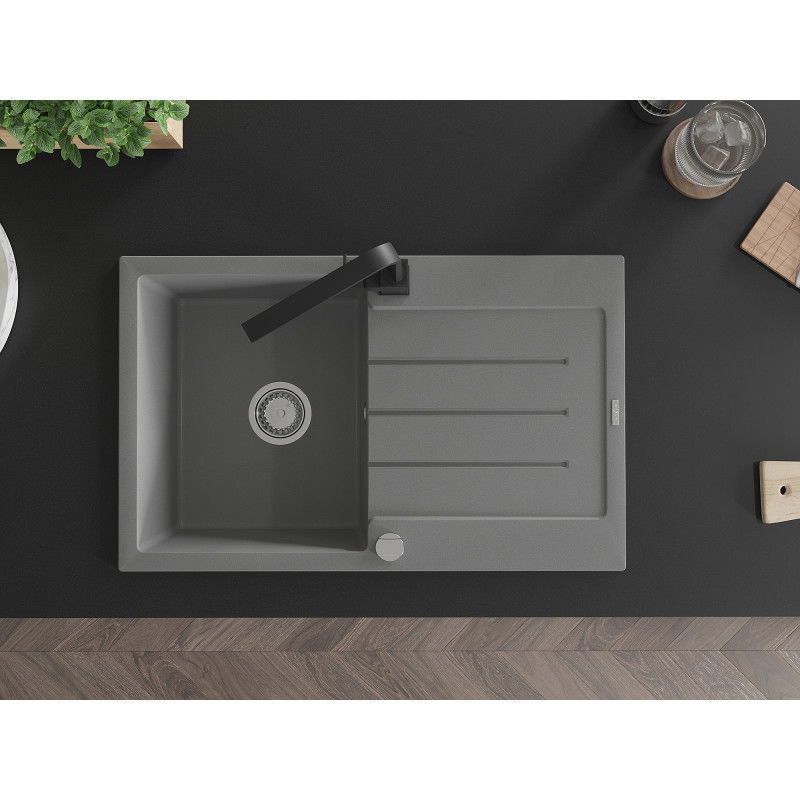 Mexen Bruno granitový dřez 1-komorový s odkapávačem a kuchyňskou baterií Rita, šedý - 6513-71-670300-70