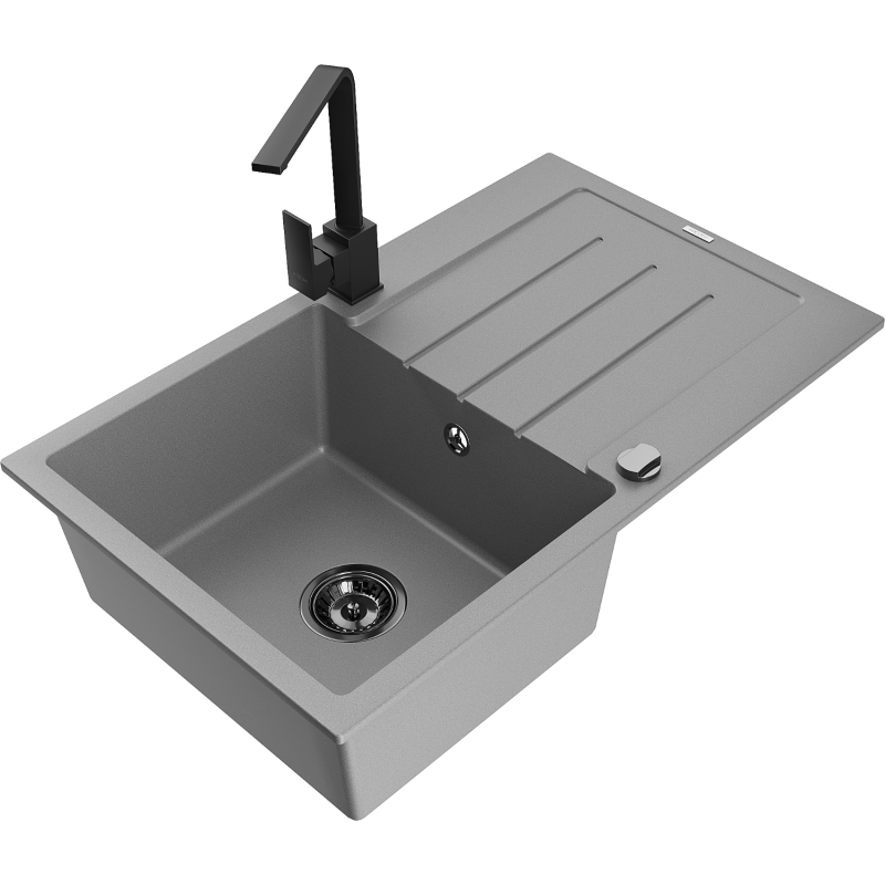 Mexen Bruno granitový dřez 1-komorový s odkapávačem a kuchyňskou baterií Rita, šedý - 6513-71-670300-70-B