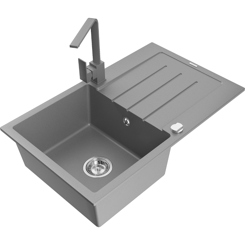 Mexen Bruno granitový dřez 1-komorový s odkapávačem a kuchyňskou baterií Rita, šedý - 6513-71-670300-71