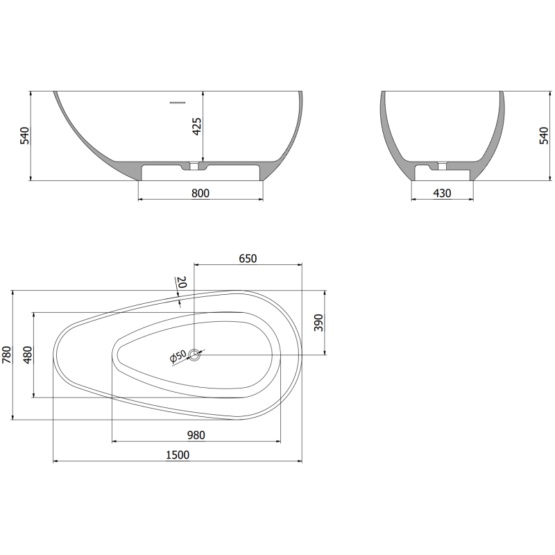 Mexen Palermo volně stojící vana z konglomerátu 150 x 78 cm, černá mat - 57211507870