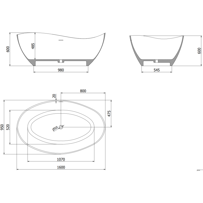 Mexen Parma volně stojící vana z konglomerátu 160 x 95 cm, bílá mat - 57231609500
