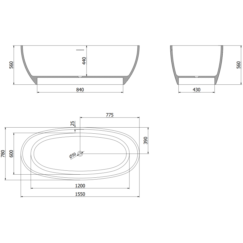 Mexen Torino volně stojící vana z konglomerátu 155 x 78 cm, beton mat - 57271557861