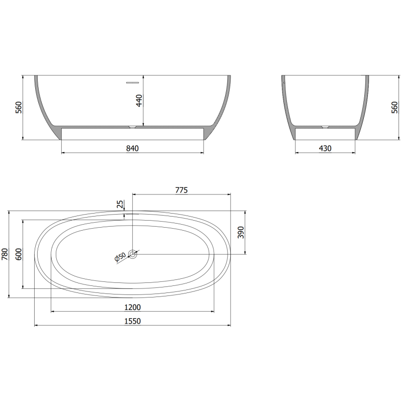 Mexen Torino volně stojící vana z konglomerátu 155 x 78 cm, bílá mat - 57271557800