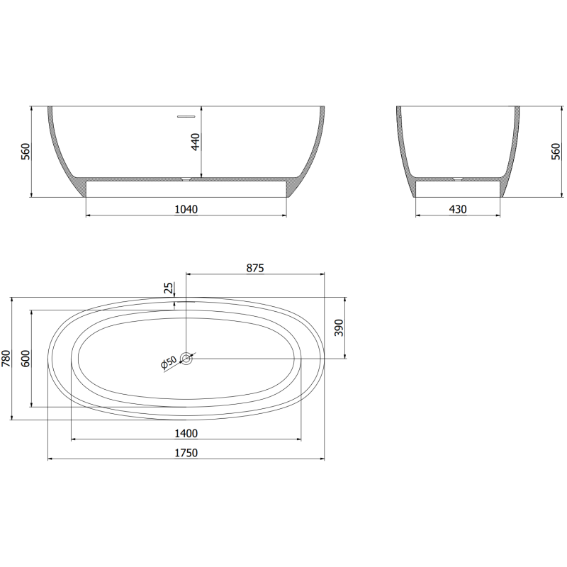 Mexen Torino volně stojící vana z konglomerátu 175 x 78 cm, beton mat - 57271757861