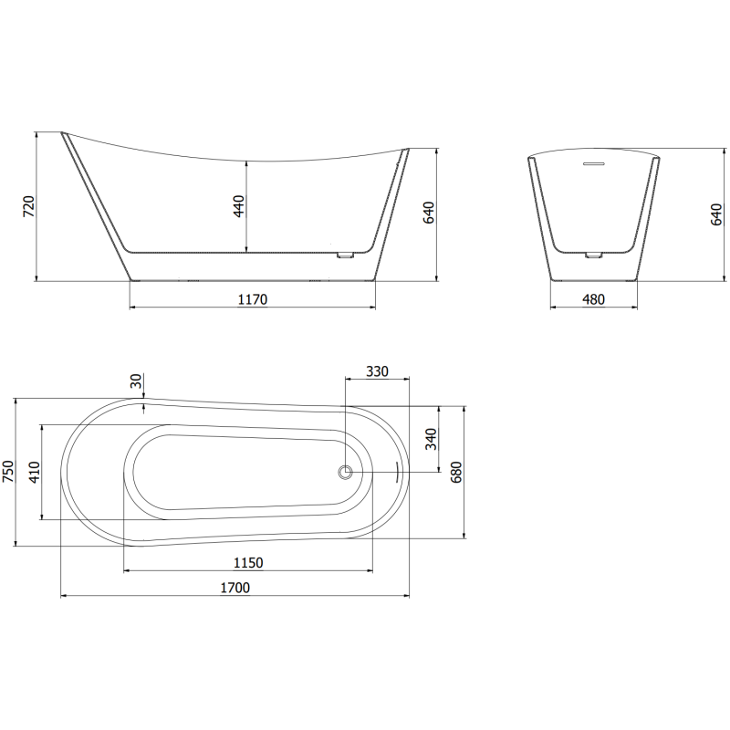Mexen Alta volně stojící vana 170 x 75 cm, bílá, přepad kartáčovaný nikl - 52141707500-97