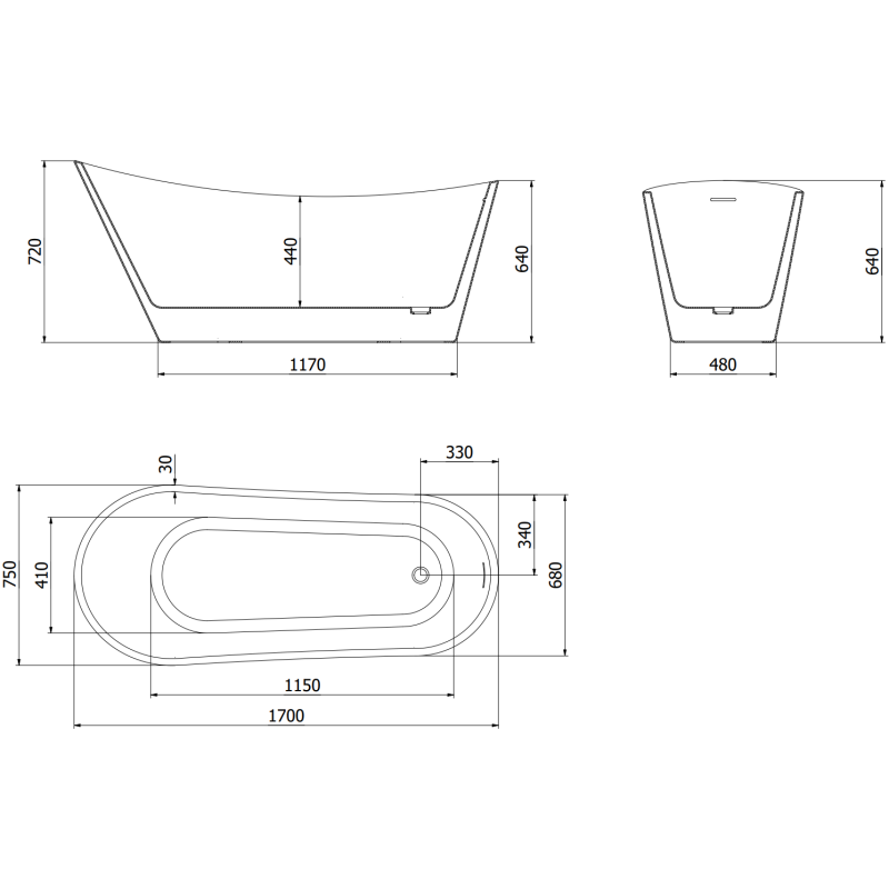 Mexen Alta volně stojící vana 170 x 75 cm, bílá/černá, černý přepad - 52141707575-70