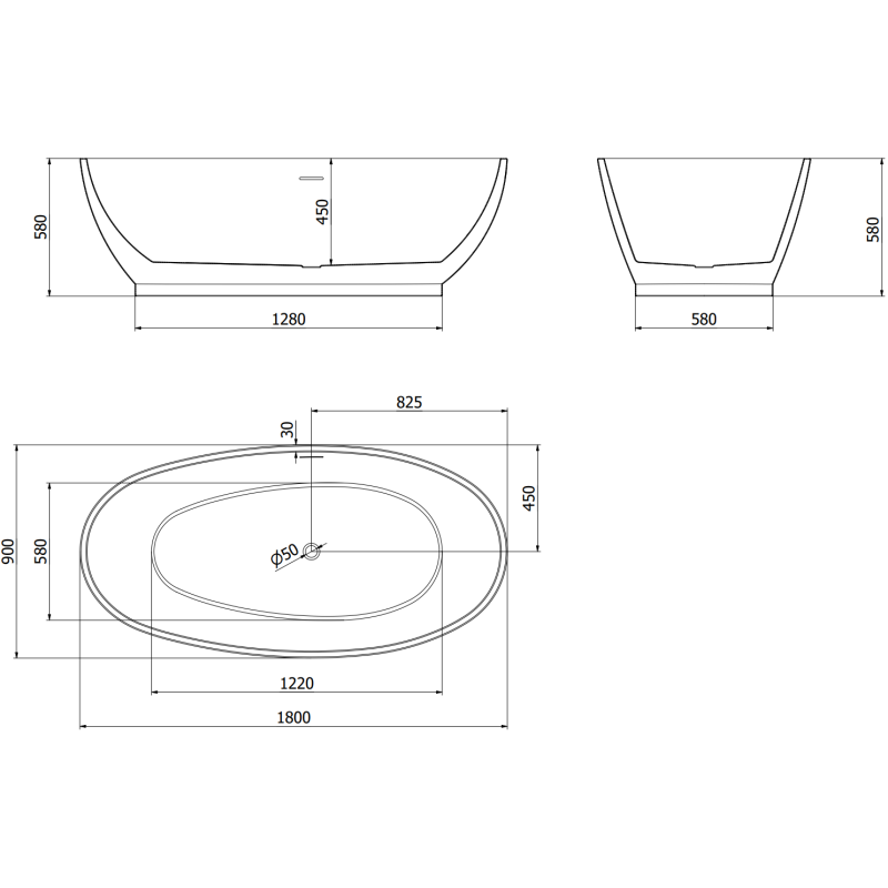 Mexen Bilbao volně stojící vana 180 x 90 cm, bílá, přepad gun gray kartáčovaný - 51311809000-66