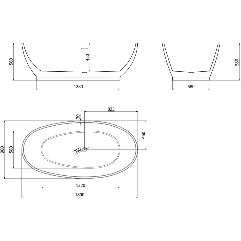 Mexen Bilbao volně stojící vana 180 x 90 cm, bílá/černá, přepad chromový - 51311809075-01