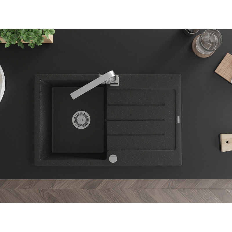 Mexen Bruno granitový dřez s odkapávačem a kuchyňskou baterií Rita, černý/stříbrný metalík - 6513-73-670300-00