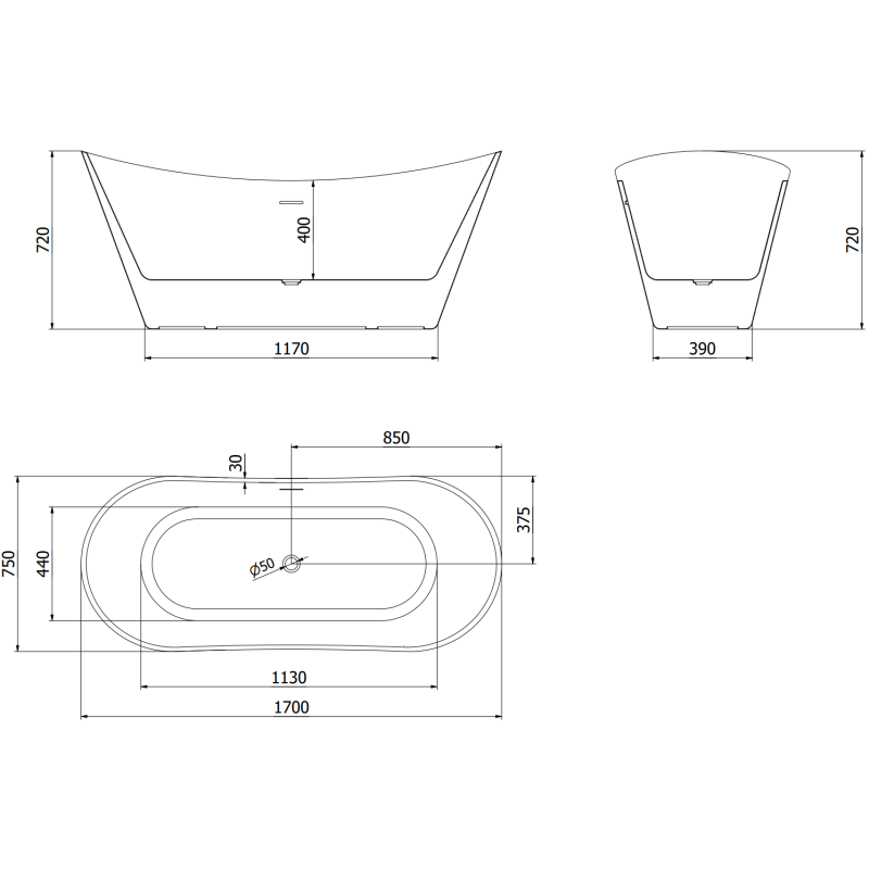 Mexen Celia volně stojící vana 170 x 75 cm, bílá, přepad zlatý - 52331707500-50