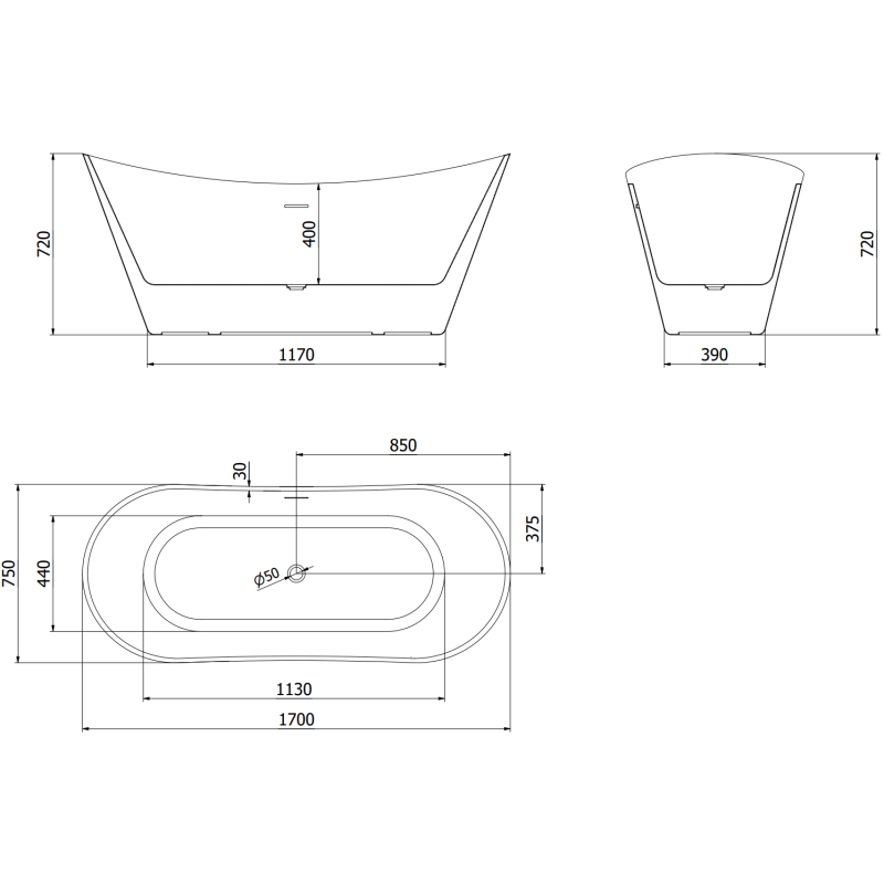 Mexen Celia volně stojící vana 170 x 75 cm, bílá, přepad bílý - 52331707500-20
