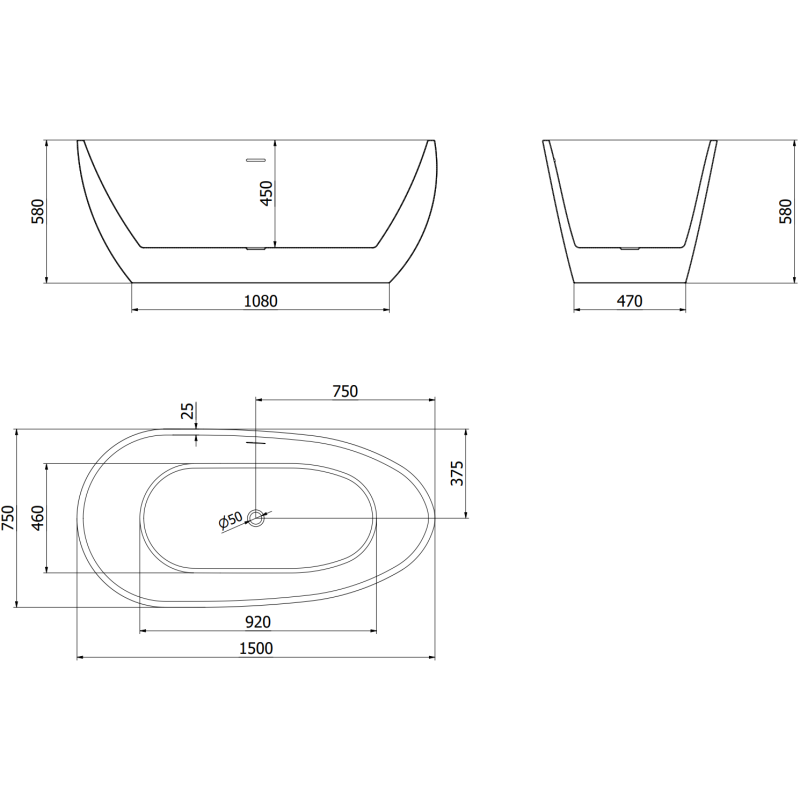 Mexen Eos volně stojící vana 150 x 75 cm, bílá/černá, přepad růžové zlato - 52471507575-60