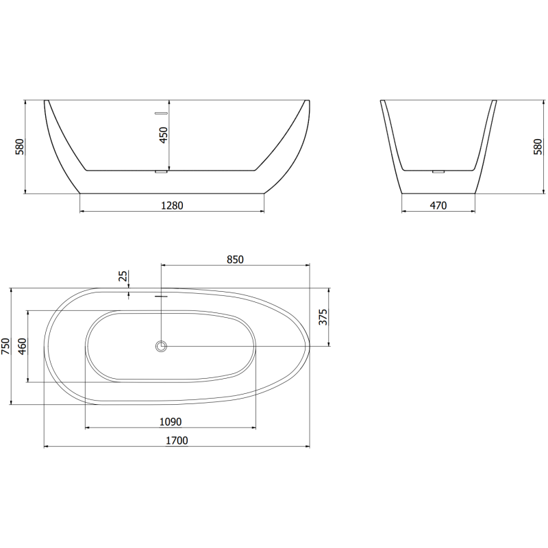 Mexen Eos volně stojící vana 170 x 75 cm, bílá, přepad kartáčovaný nikl - 52471707500-97