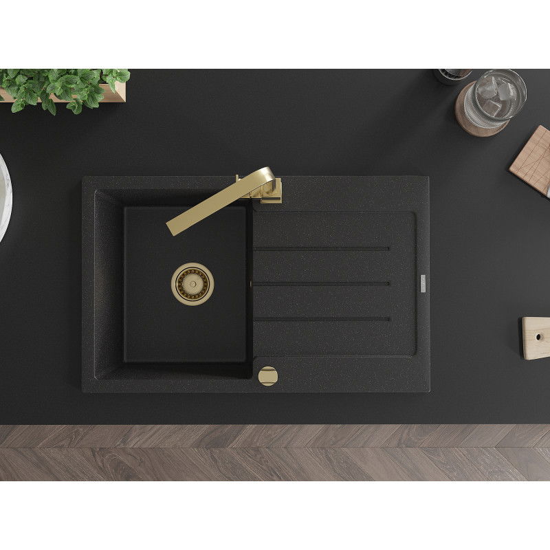 Mexen Bruno granitový dřez 1-komorový s odkapávačem a kuchyňskou baterií Rita, černý/stříbrný metalik - 6513-73-670300-50