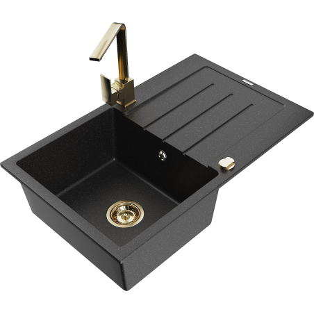 Mexen Bruno granitový dřez 1-komorový s odkapávačem a kuchyňskou baterií Rita, černý/stříbrný metalik - 6513-73-670300-50