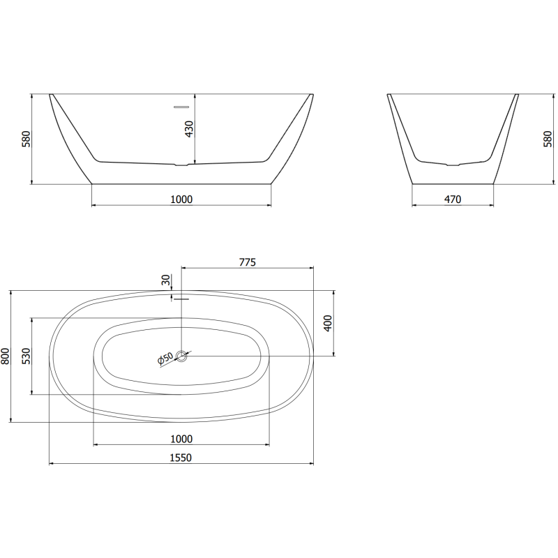 Mexen Eris volně stojící vana 155 x 80 cm, bílá/černá, přepad chrom - 53441558075-01