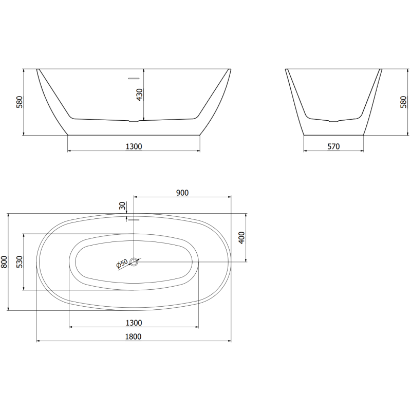 Mexen Eris volně stojící vana 180 x 80 cm, bílá, přepad gun gray kartáčovaný - 53441808000-66