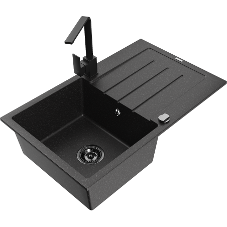 Mexen Bruno granitový dřez s 1 komorou a odkapávačem a kuchyňskou baterií Rita, černý/stříbrný metalík - 6513-73-670300-70-B