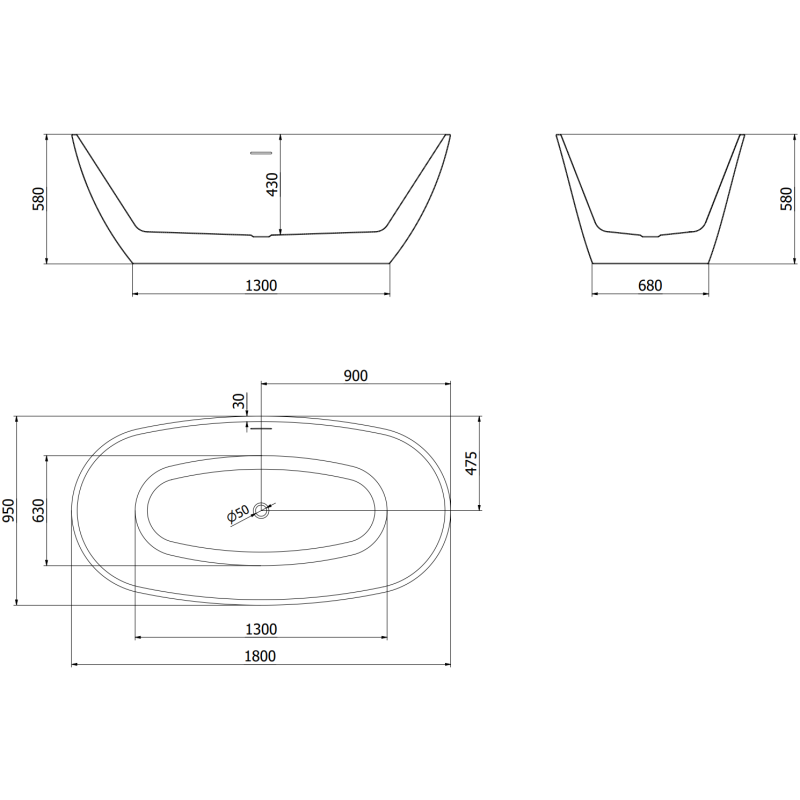 Mexen Eris volně stojící vana 180 x 95 cm, bílá, přepad gun gray kartáčovaný - 53441809500-66