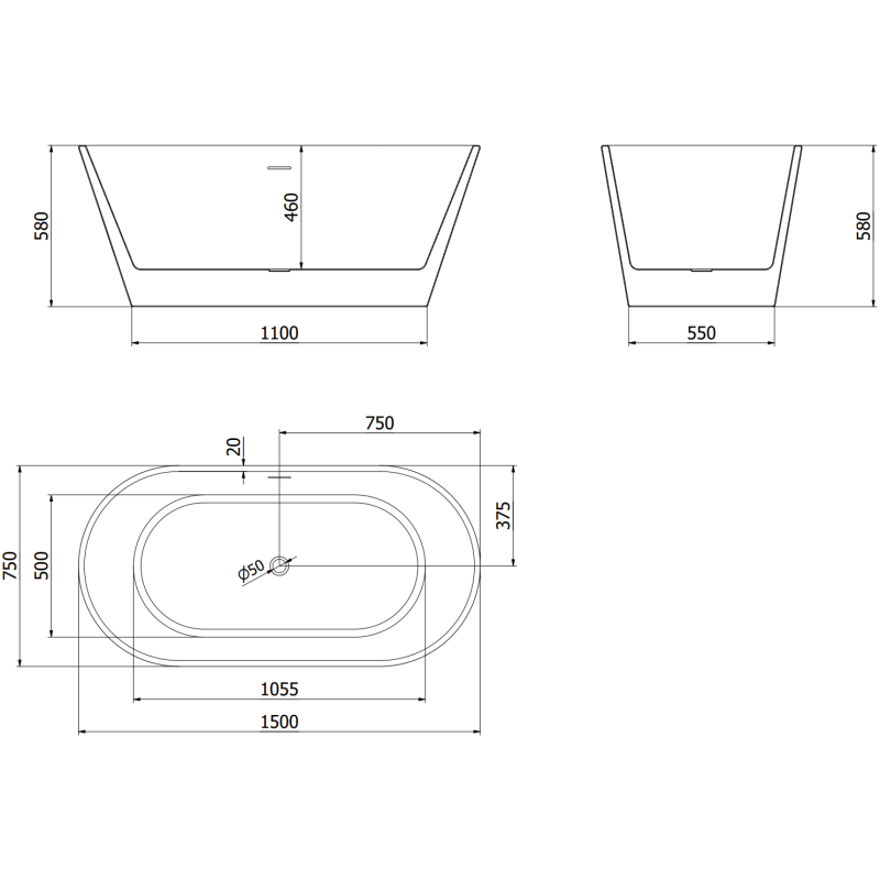 Mexen Flavia volně stojící vana 150 x 75 cm, bílá/černá, černý přepad - 54031507575-70