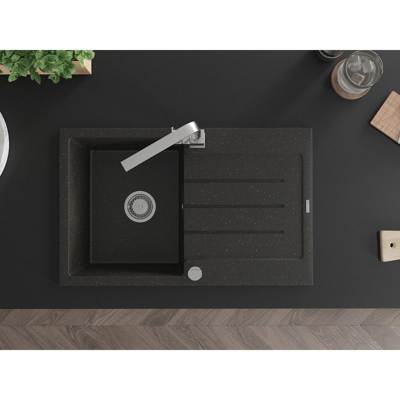 Mexen Bruno granitový dřez 1-komorový s odkapávačem a kuchyňskou baterií Rita, černý/zlatý metalik - 6513-75-670300-00