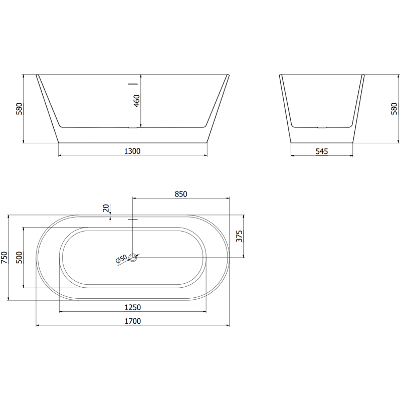 Mexen Flavia volně stojící vana 170 x 75 cm, bílá, černý přepad - 54031708000-70