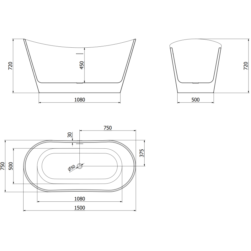 Mexen Montana volně stojící vana 150 x 75 cm, bílá/černá, přepad gun metal - 52011507575-95