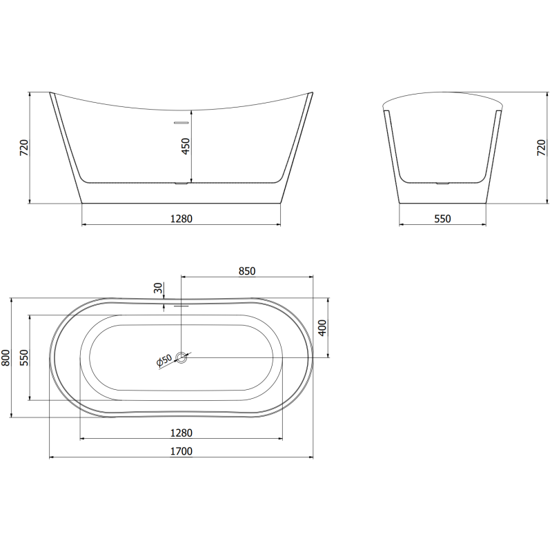 Mexen Montana volně stojící vana 170 x 80 cm, bílá, přeliv zlatý - 52011708000-50