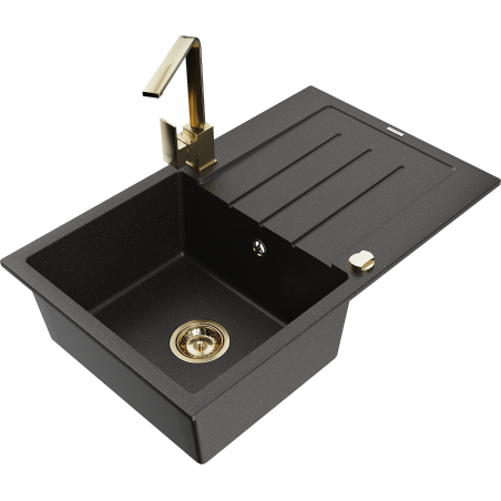 Mexen Bruno žulový dřez jednokomorový s odkapávačem a kuchyňskou baterií Rita, černý/zlatý metalíza - 6513-75-670300-50