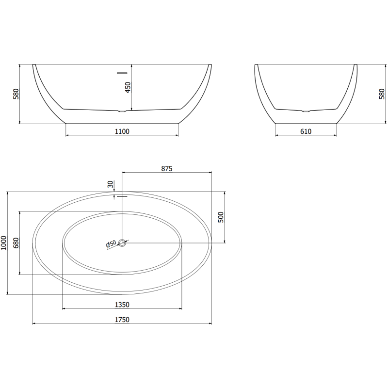 Mexen Nike volně stojící vana 175 x 100 cm, bílá/černá, přepad zlatý kartáčovaný - 54071751075-55