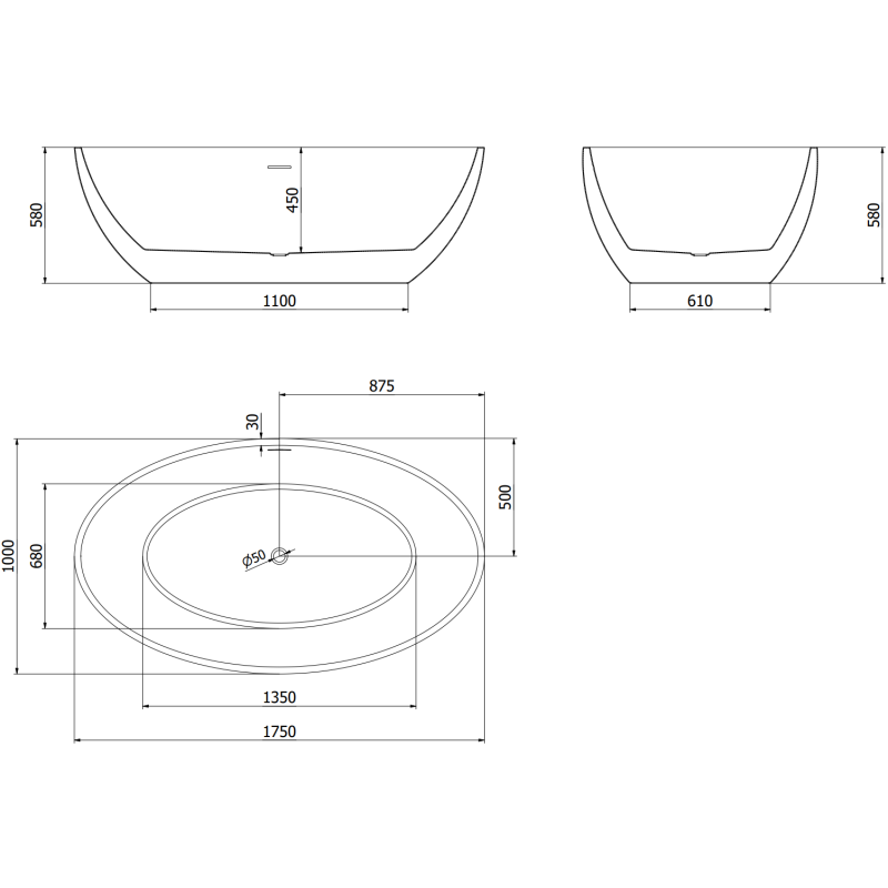 Mexen Nike volně stojící vana 175 x 100 cm, bílá/černá, přepad gun metal - 54071751075-95