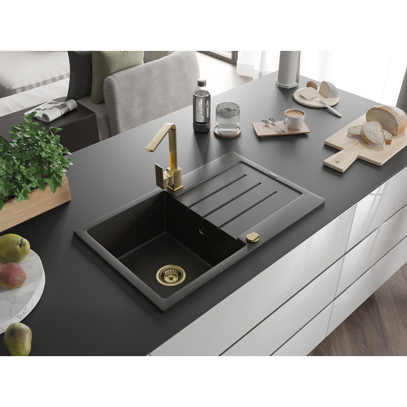 Mexen Bruno granitový dřez s 1 komorou s odkapávačem a kuchyňskou baterií Rita, černý/zlatý metalický