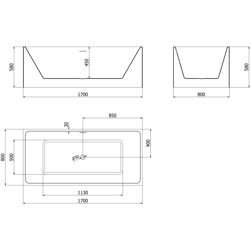 Mexen Nita volně stojící vana 170 x 80 cm, bílá, černý přepad - 52091708000-70