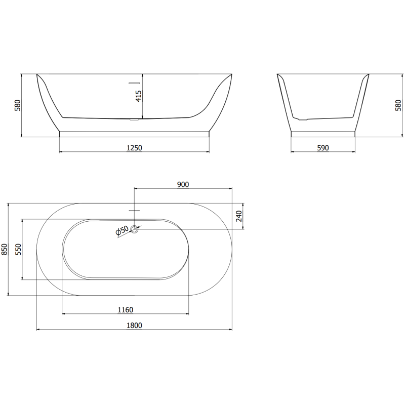 Mexen Roxy volně stojící vana 180 x 85 cm, bílá, přepad kartáčovaná měď - 51201808500-65