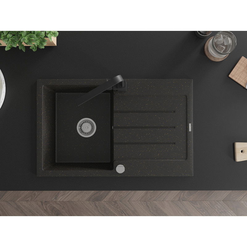 Mexen Bruno granitový dřez 1-komorový s odkapávačem a kuchyňskou baterií Rita, černý/stříbrný metalik - 6513-73-670300-70
