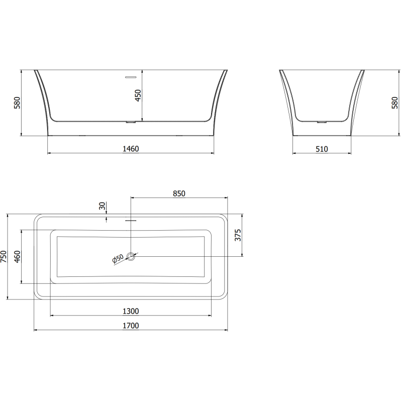 Mexen Tonia volně stojící vana 170 x 75 cm, bílá, černý přepad - 52171707500-70